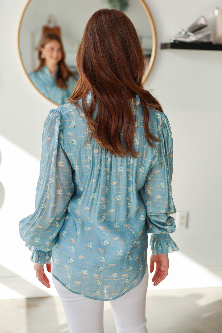 Floral Print Long Sleeve Blouse - Blue