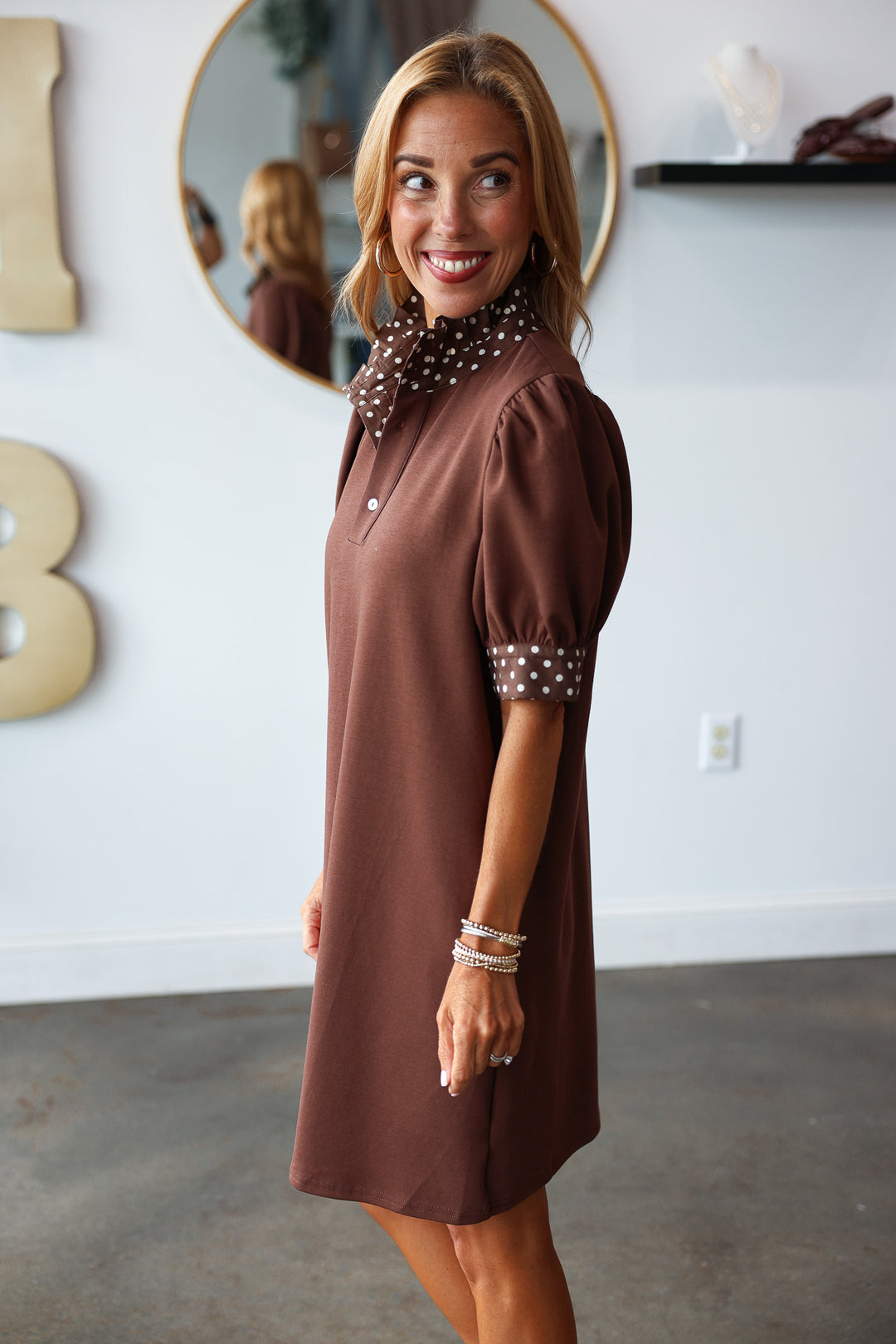 Polka Dot Trim Dress - Brown