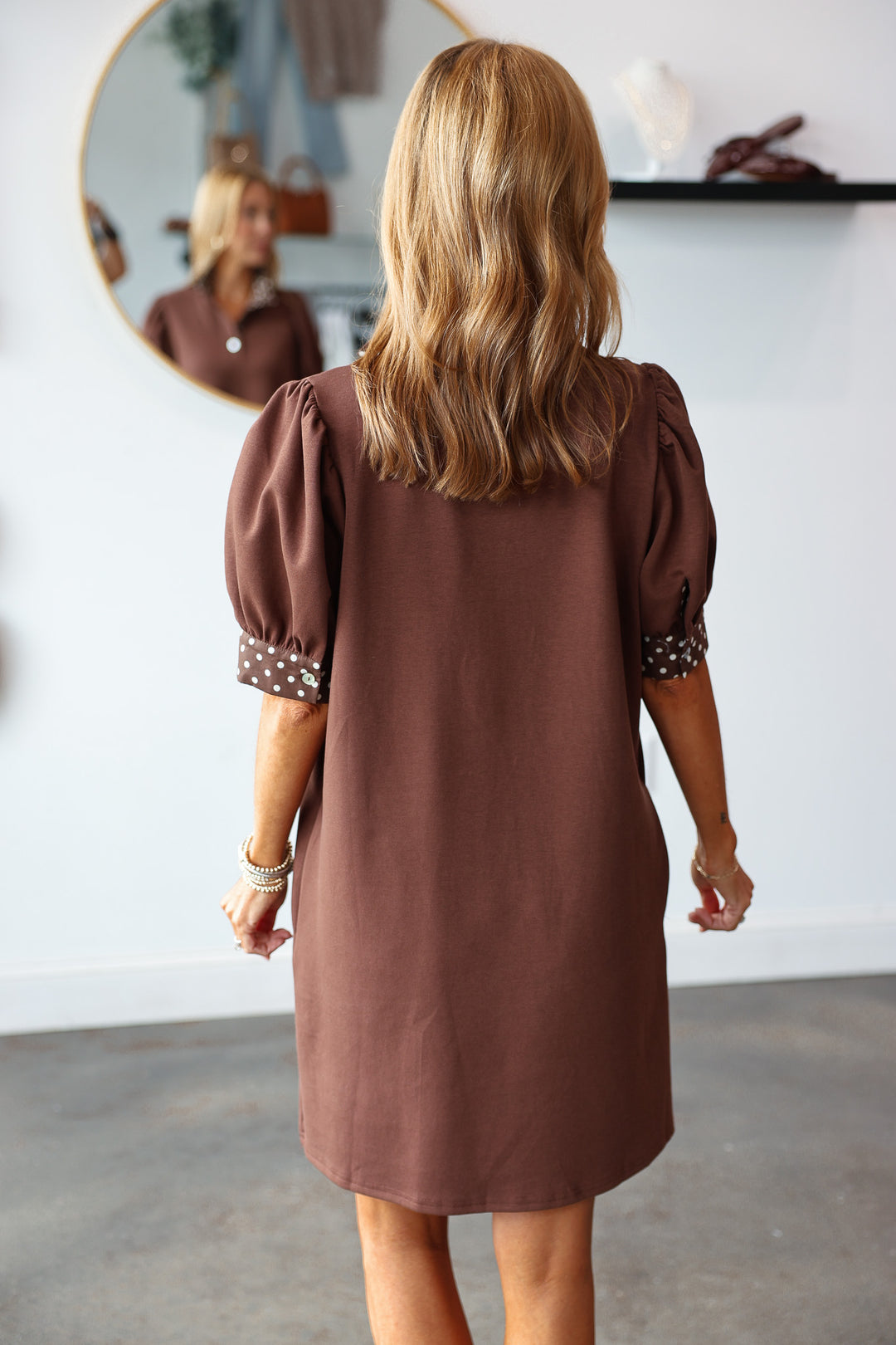 Polka Dot Trim Dress - Brown