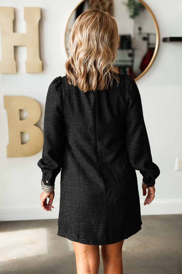 Button Detail Long Sleeve Dress - Black