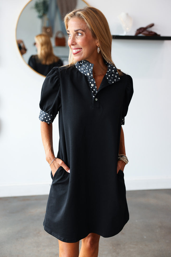 Polka Dot Trim Dress - Black