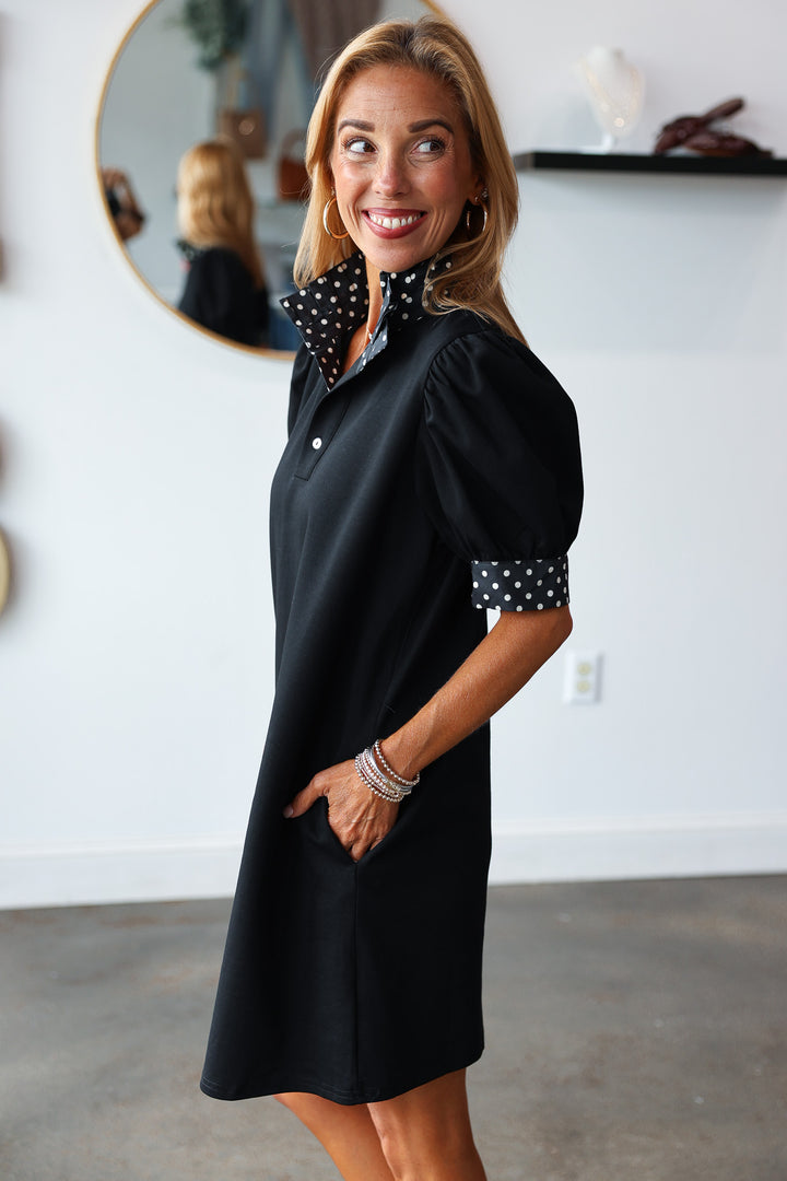 Polka Dot Trim Dress - Black