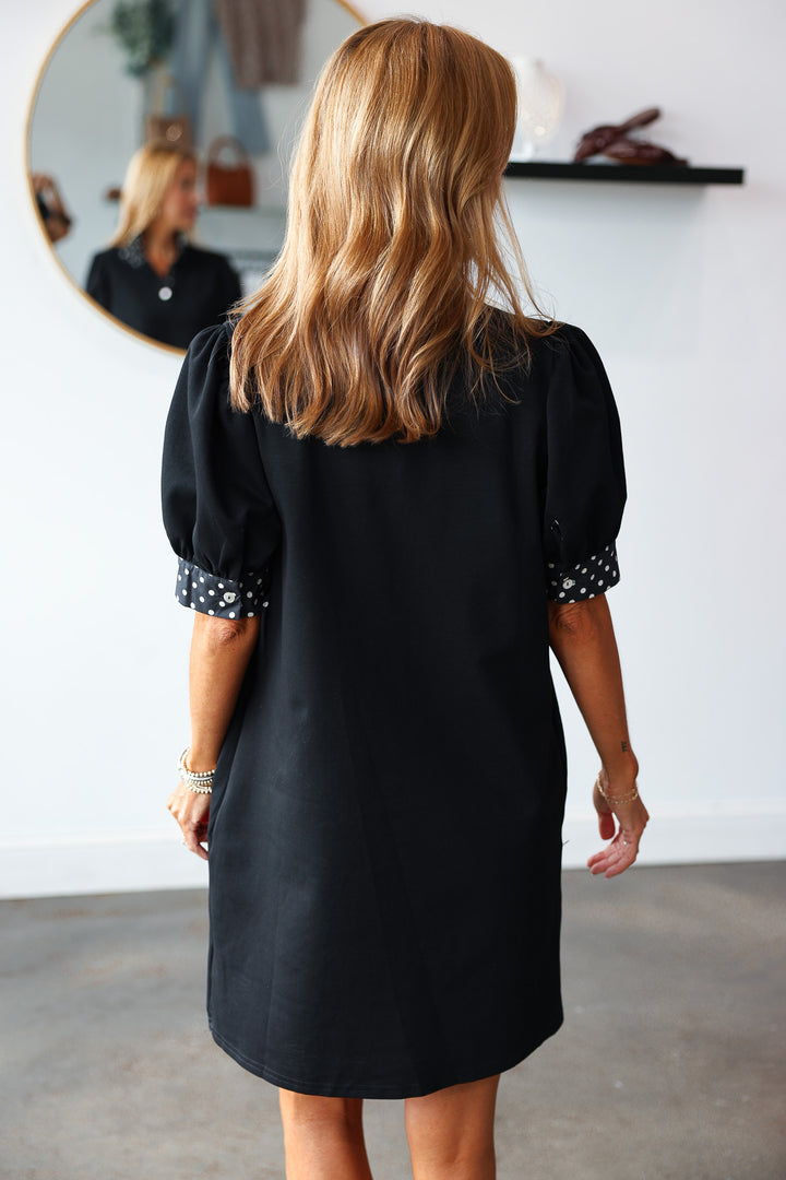 Polka Dot Trim Dress - Black