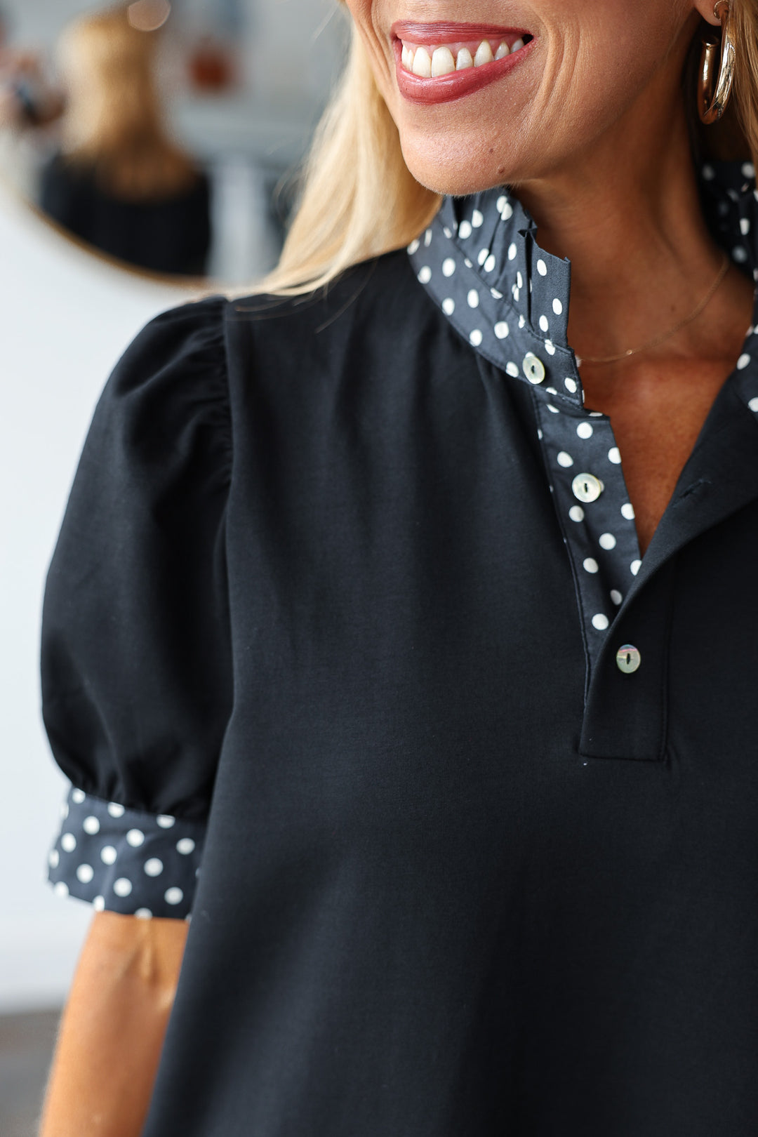 Polka Dot Trim Dress - Black