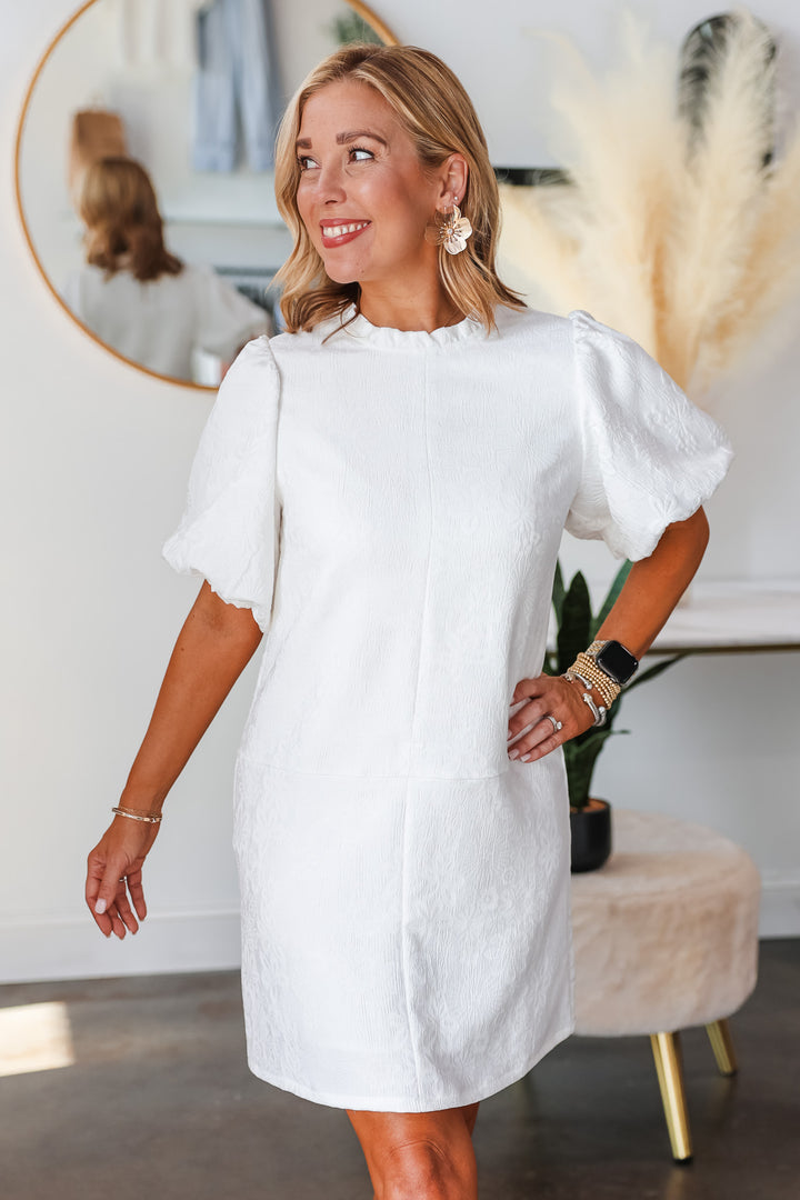 Puff Sleeve Textured Flower Dress - White