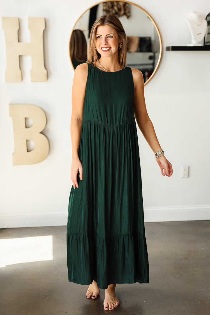 Satin Tiered Maxi Dress - Deep Emerald