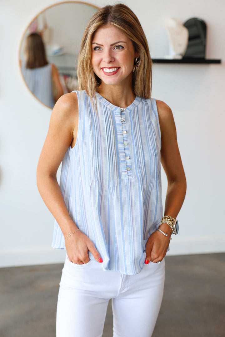 Striped Button Front Tank - Blue