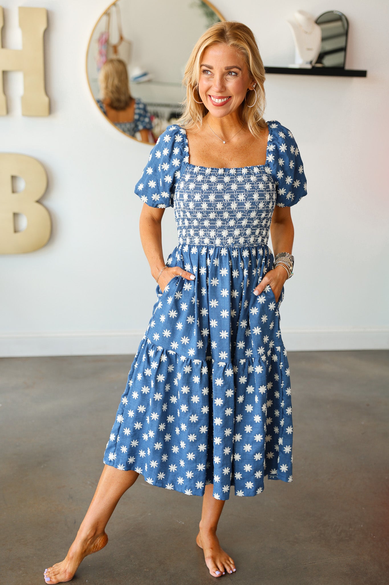 Embroidered Flower Denim Dress Medium Embroidered Flower Denim Dress – Ivy House Boutique
