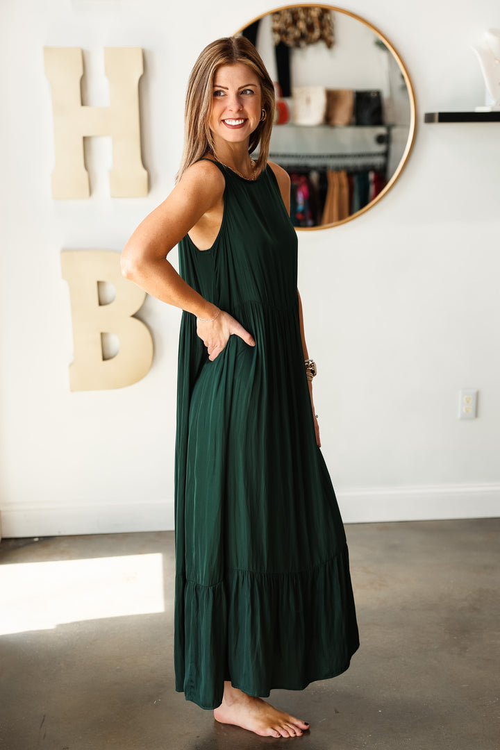 Satin Tiered Maxi Dress - Deep Emerald