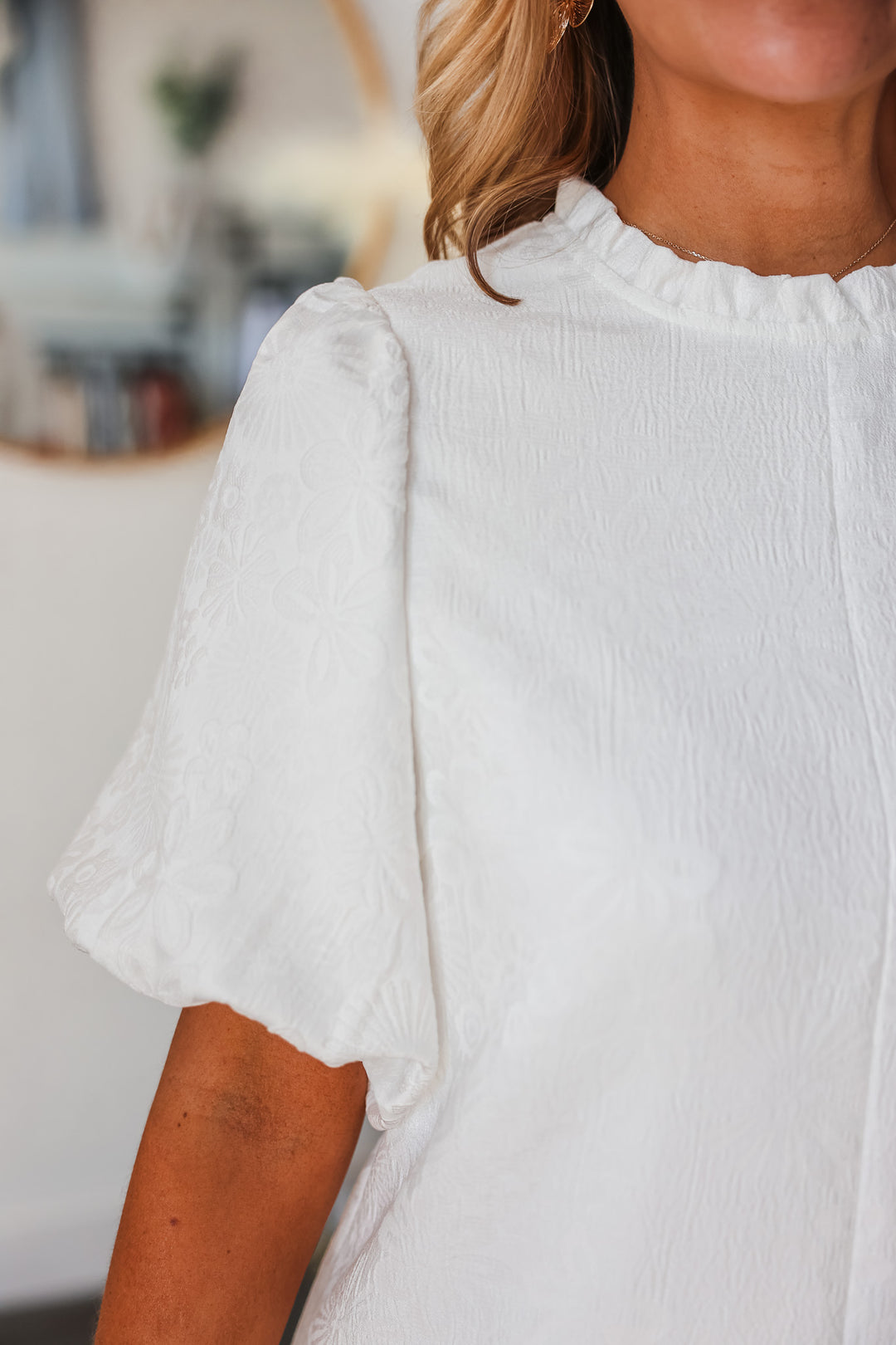 Puff Sleeve Textured Flower Dress - White