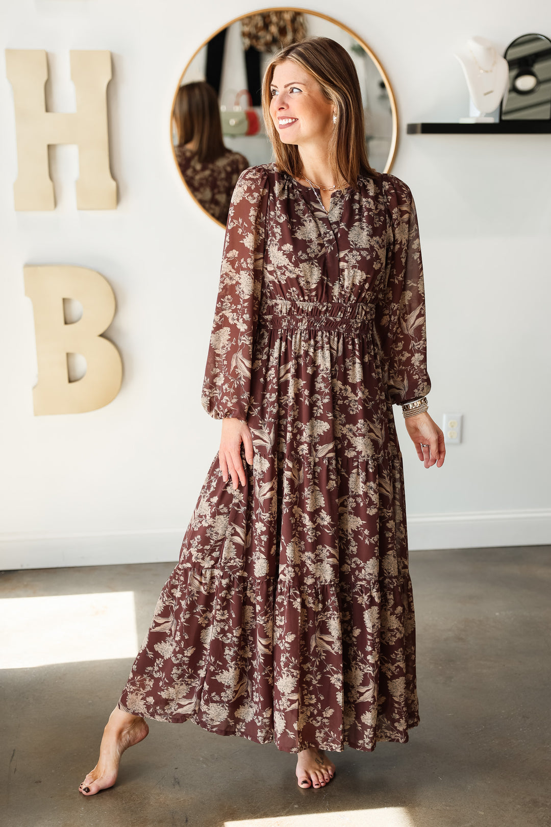 Printed Tiered Maxi Dress - Brown