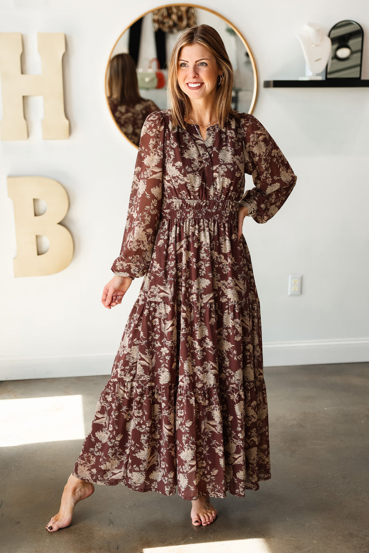 Printed Tiered Maxi Dress - Brown