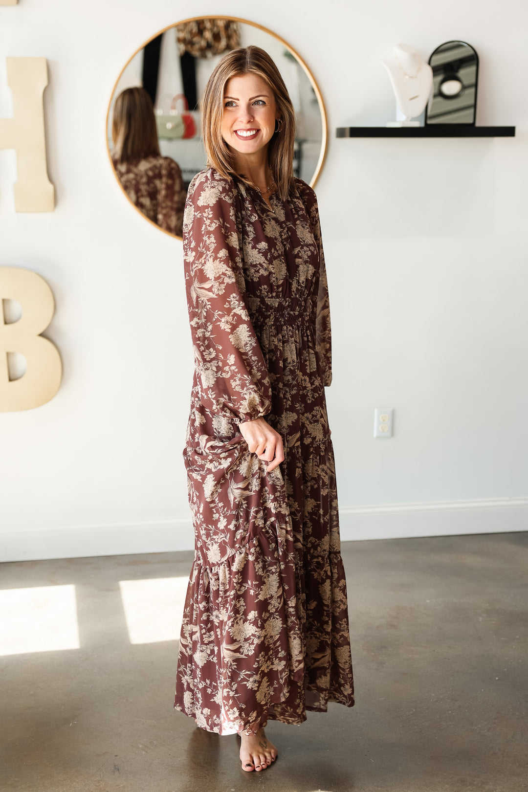 Printed Tiered Maxi Dress - Brown