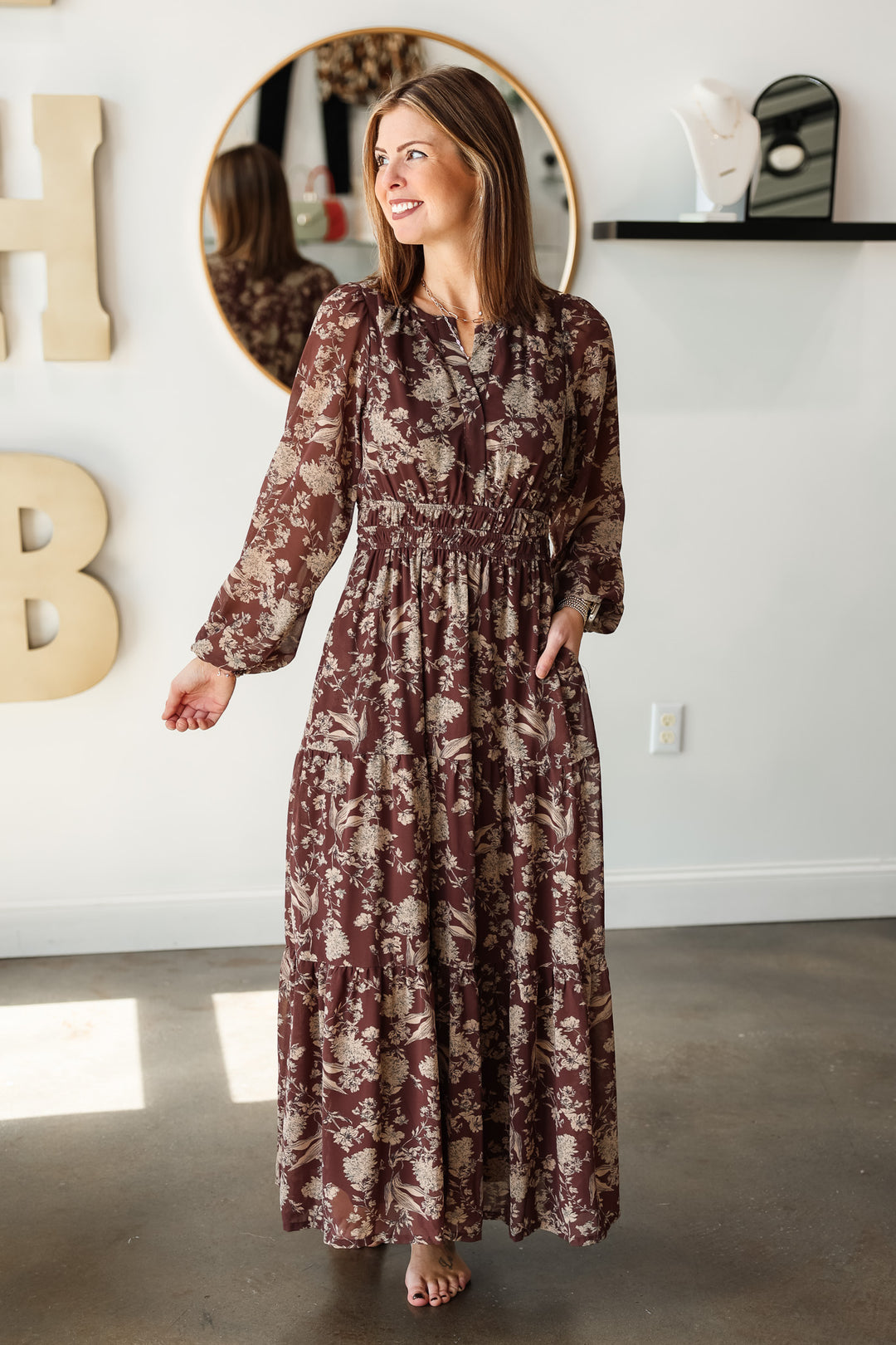 Printed Tiered Maxi Dress - Brown