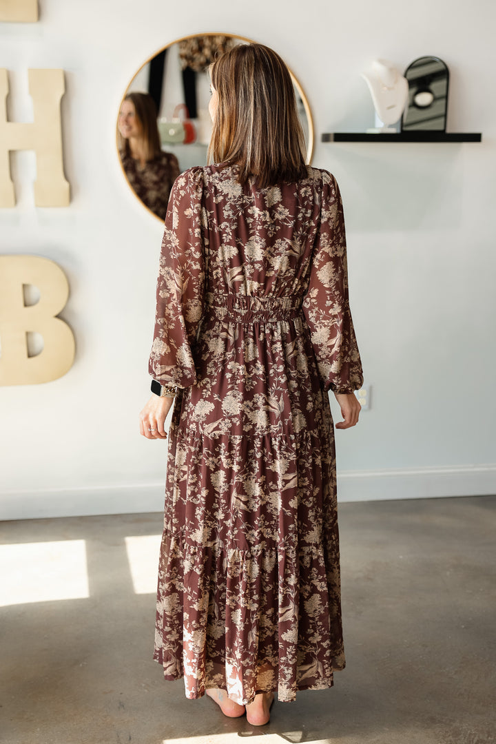 Printed Tiered Maxi Dress - Brown