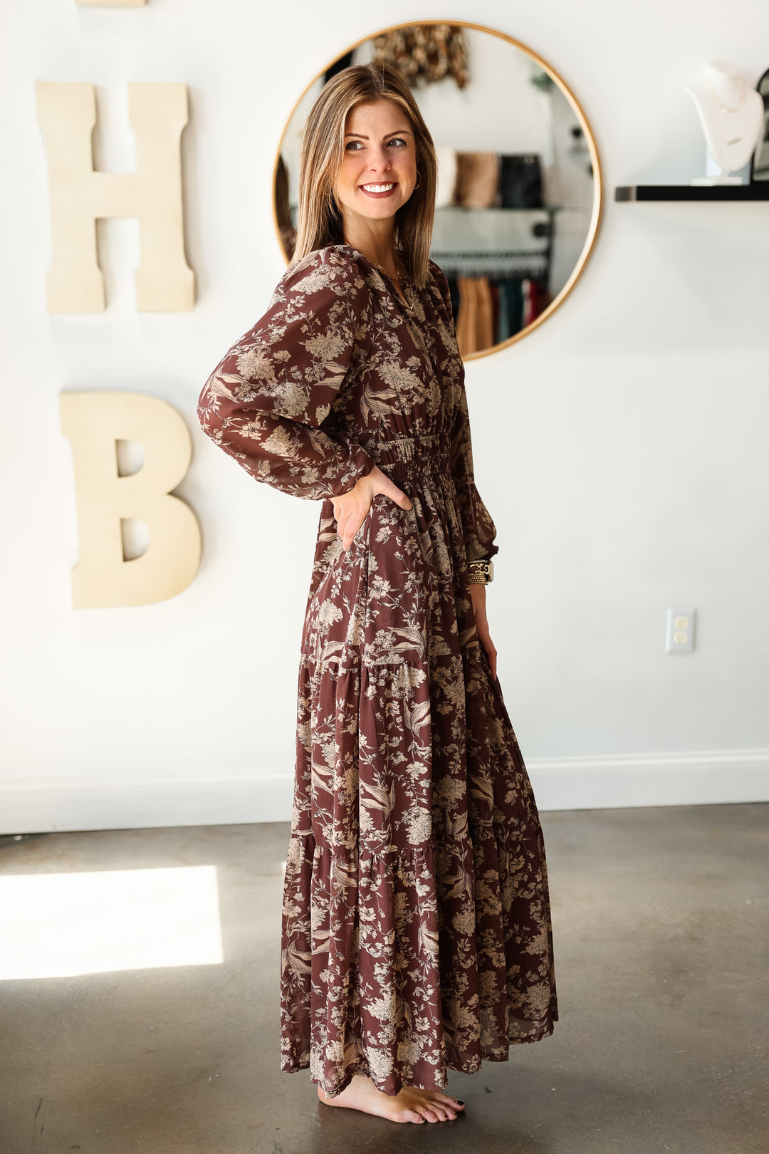 Printed Tiered Maxi Dress - Brown