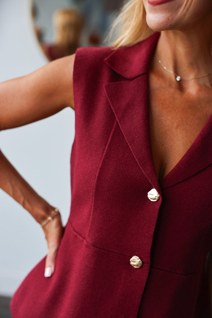 Button Front Peplum Top - Burgundy