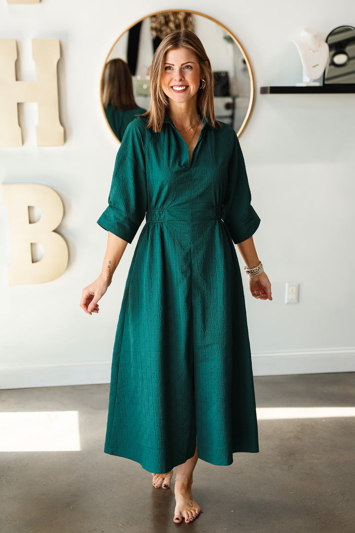 Textured Cinched Waist Dress - Hunter Green