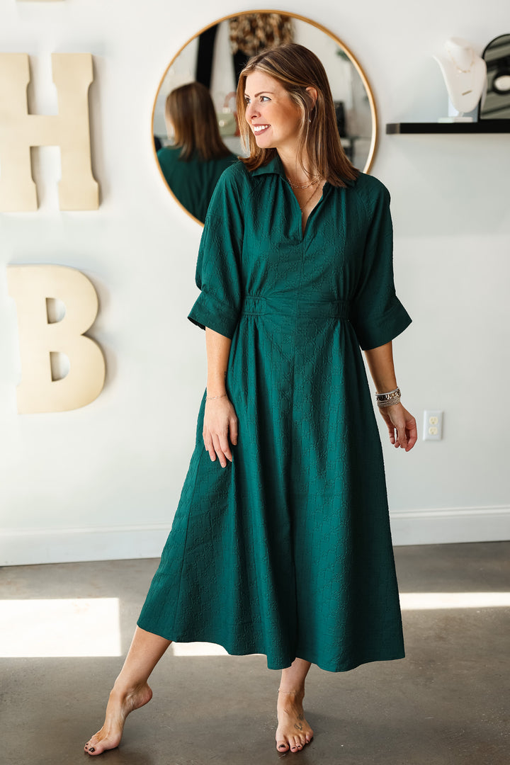 Textured Cinched Waist Dress - Hunter Green