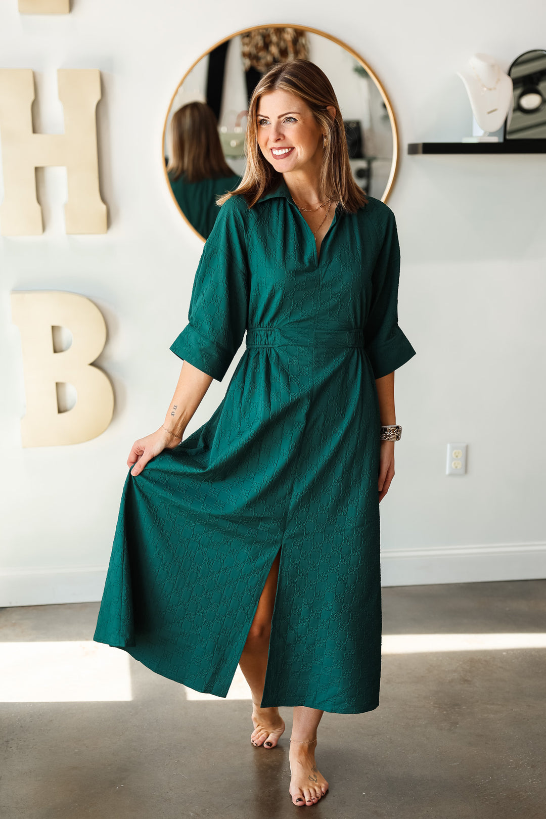 Textured Cinched Waist Dress - Hunter Green