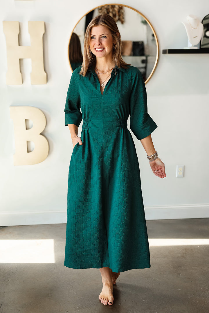 Textured Cinched Waist Dress - Hunter Green