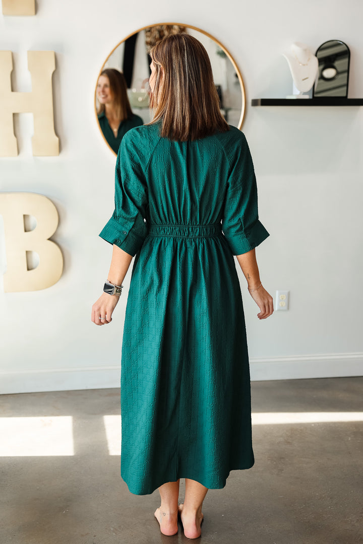 Textured Cinched Waist Dress - Hunter Green