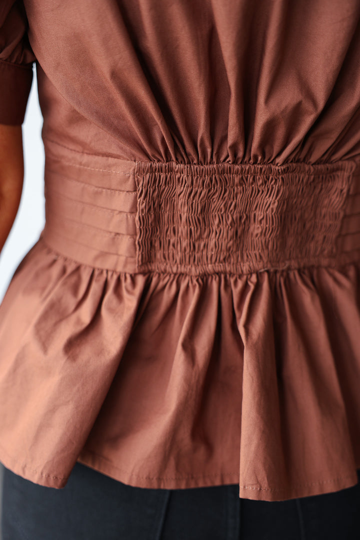 Tie Waist Peplum Top - Brown