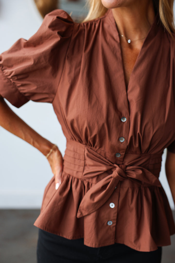 Tie Waist Peplum Top - Brown