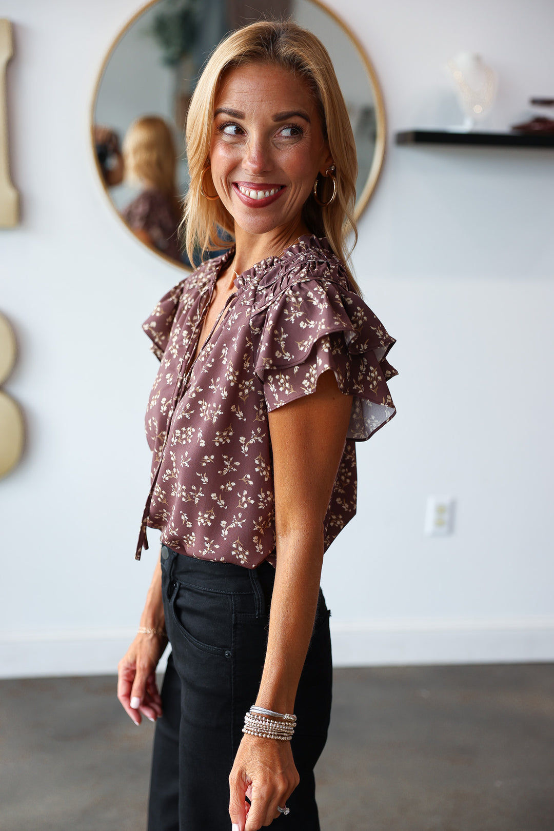 Ruffle Sleeve Ditsy Floral Top