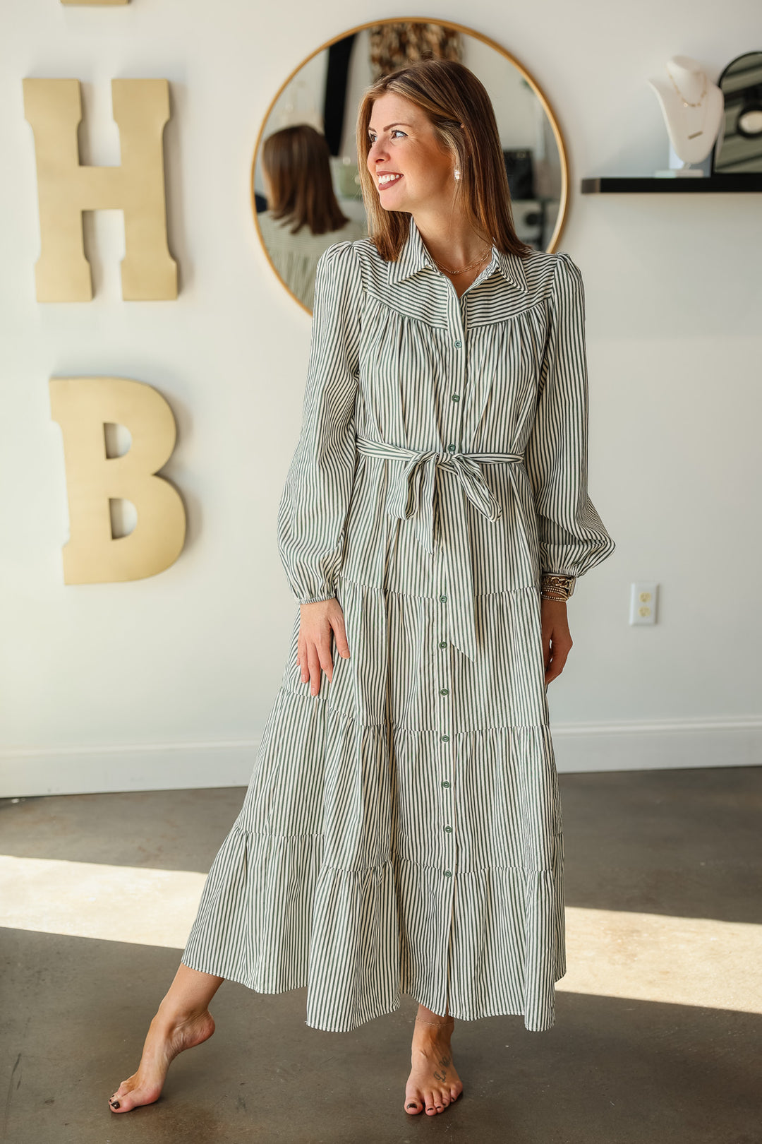 Long Sleeve Striped Maxi Dress - Olive