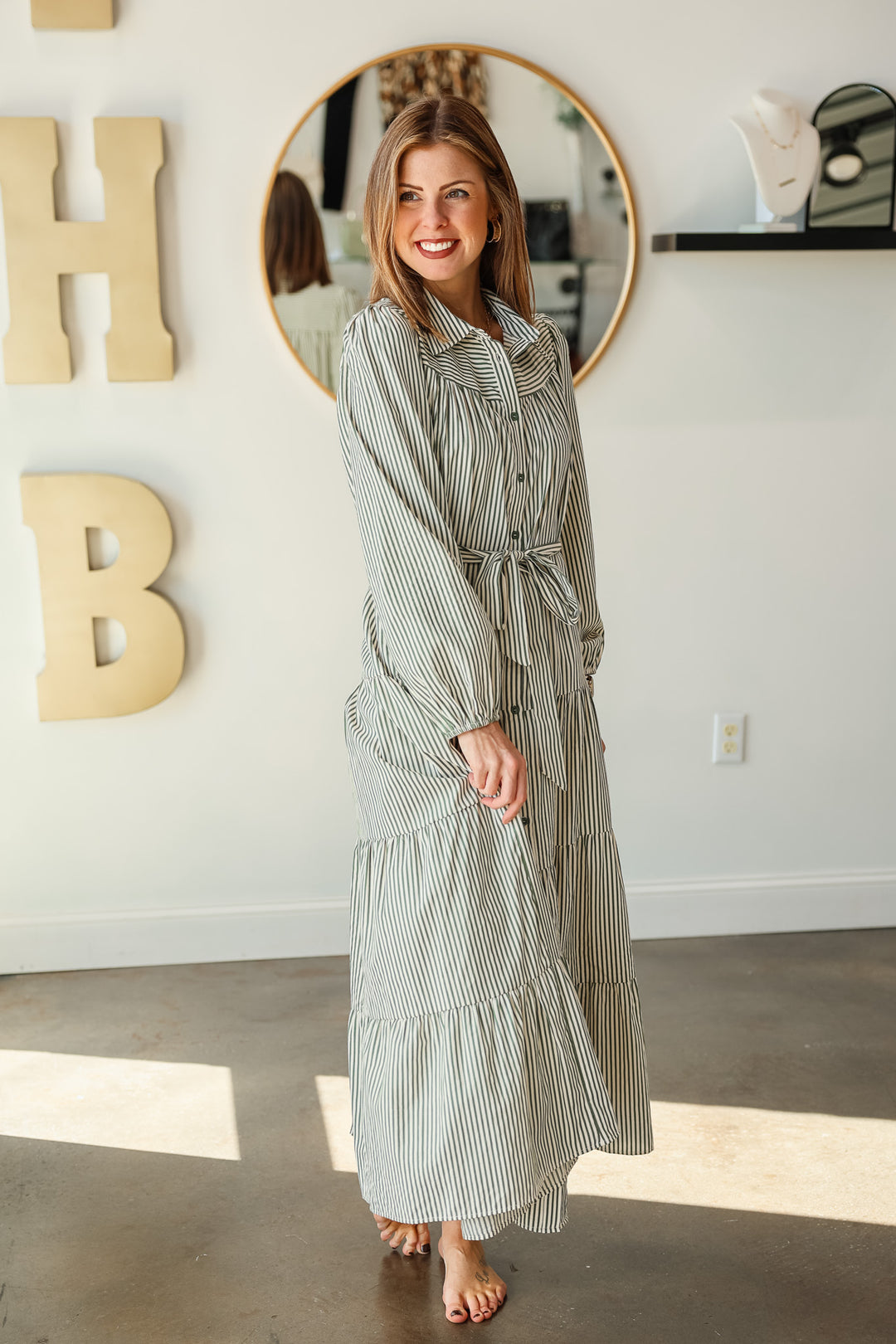 Long Sleeve Striped Maxi Dress - Olive