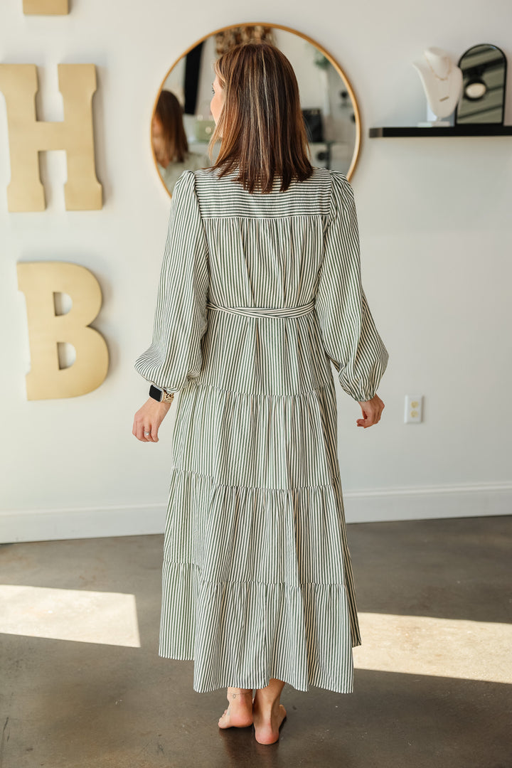 Long Sleeve Striped Maxi Dress - Olive