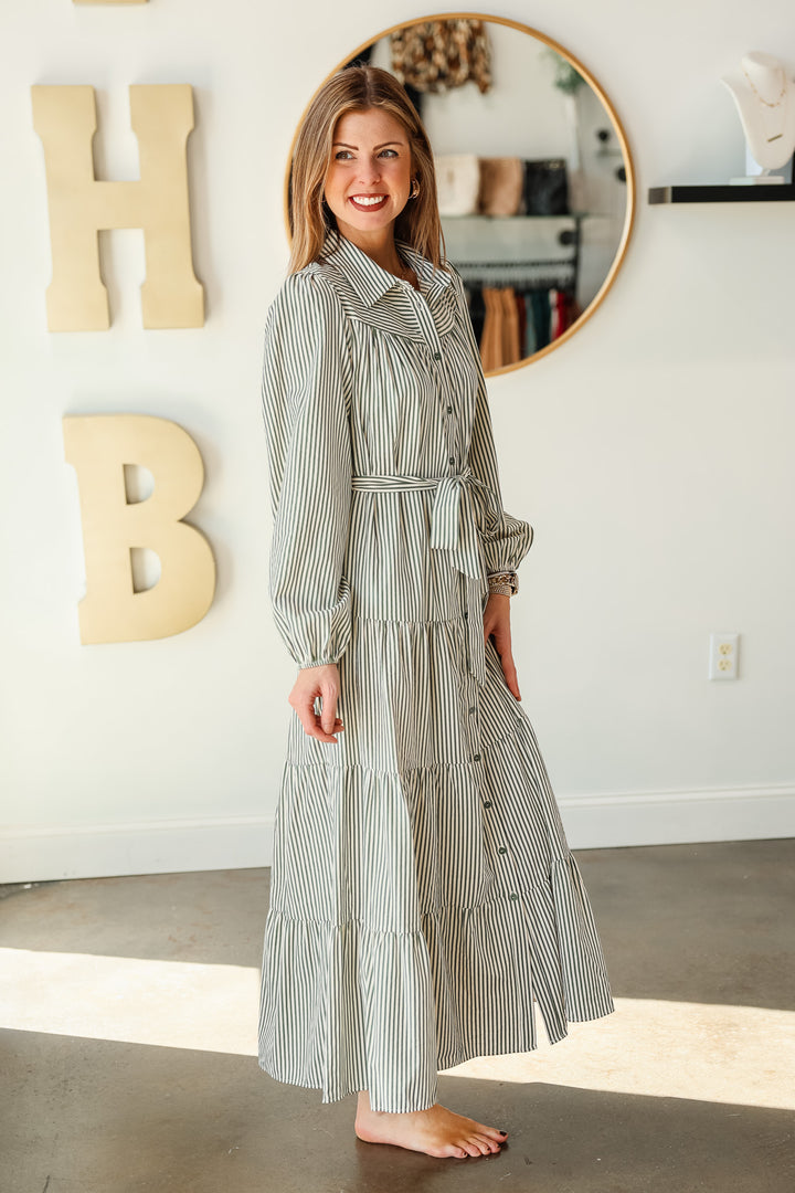 Long Sleeve Striped Maxi Dress - Olive