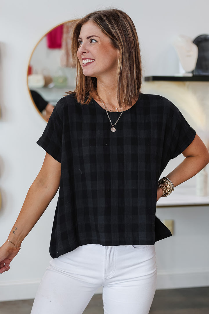 Gingham Gauze Top - Black