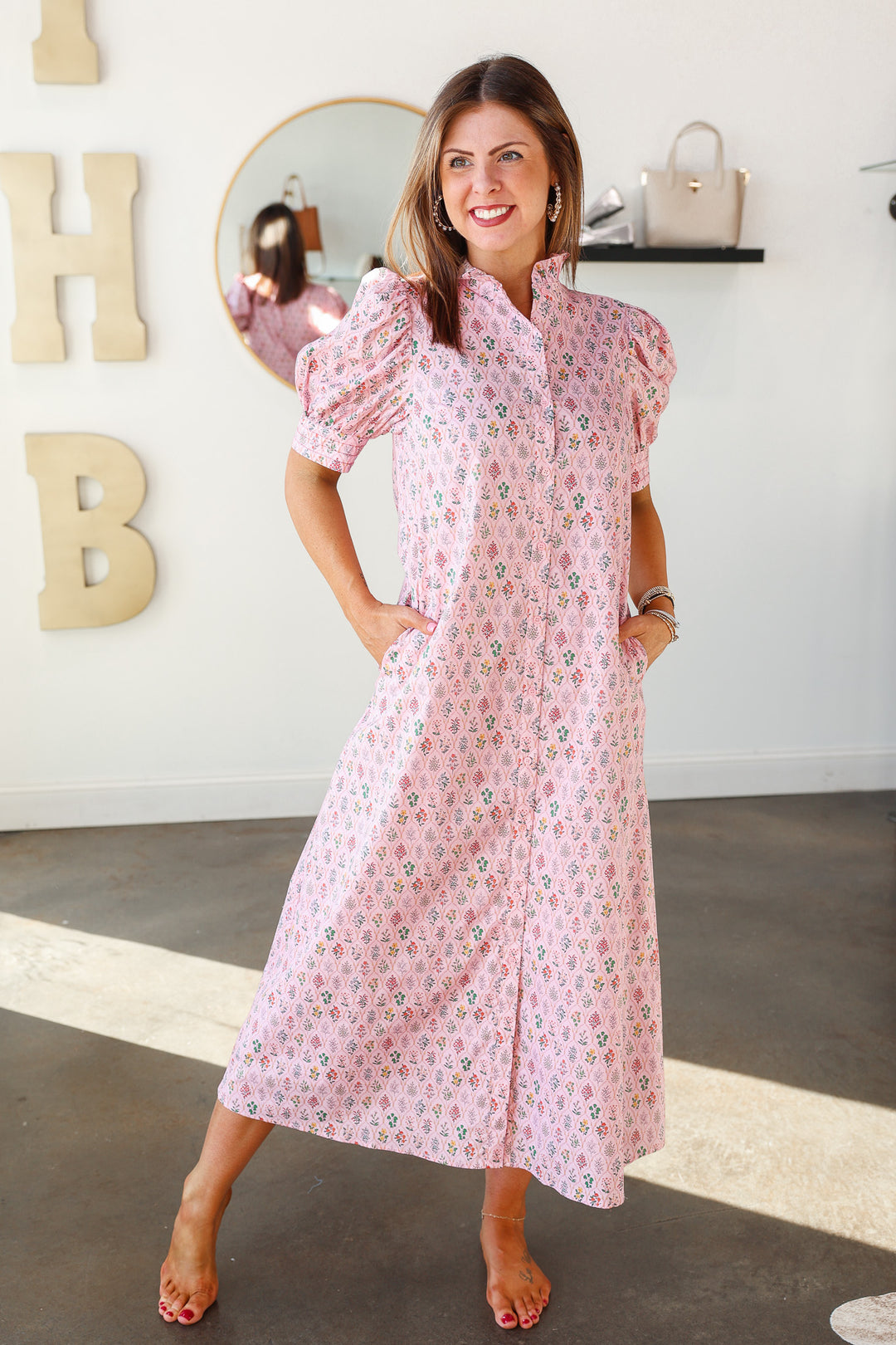 Floral Print Button Down Dress - Pink