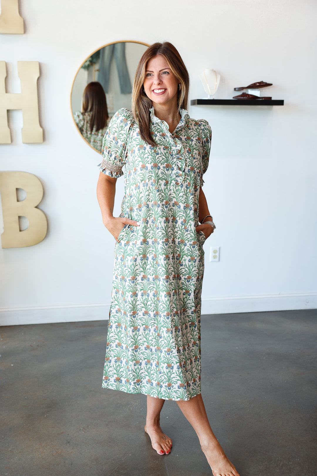Ruffle Neck Printed Dress - Ecru