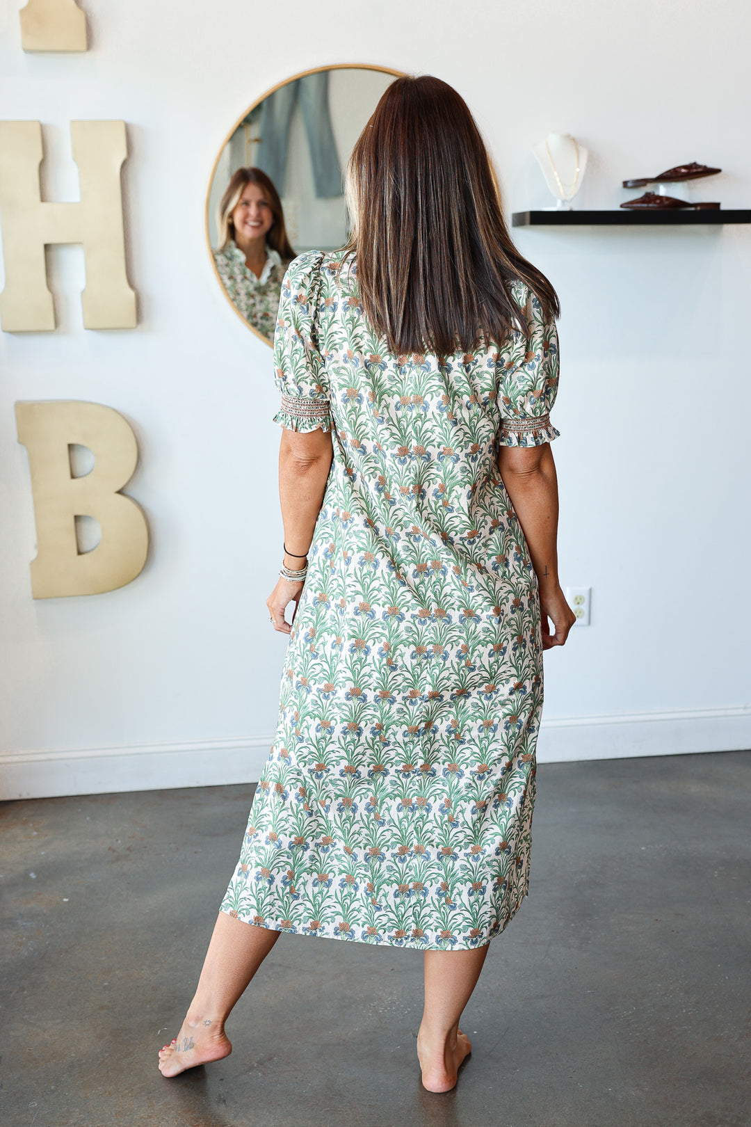 Ruffle Neck Printed Dress - Ecru
