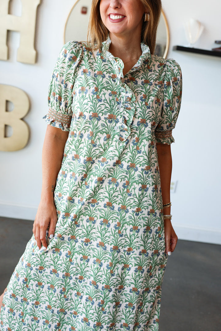Ruffle Neck Printed Dress - Ecru