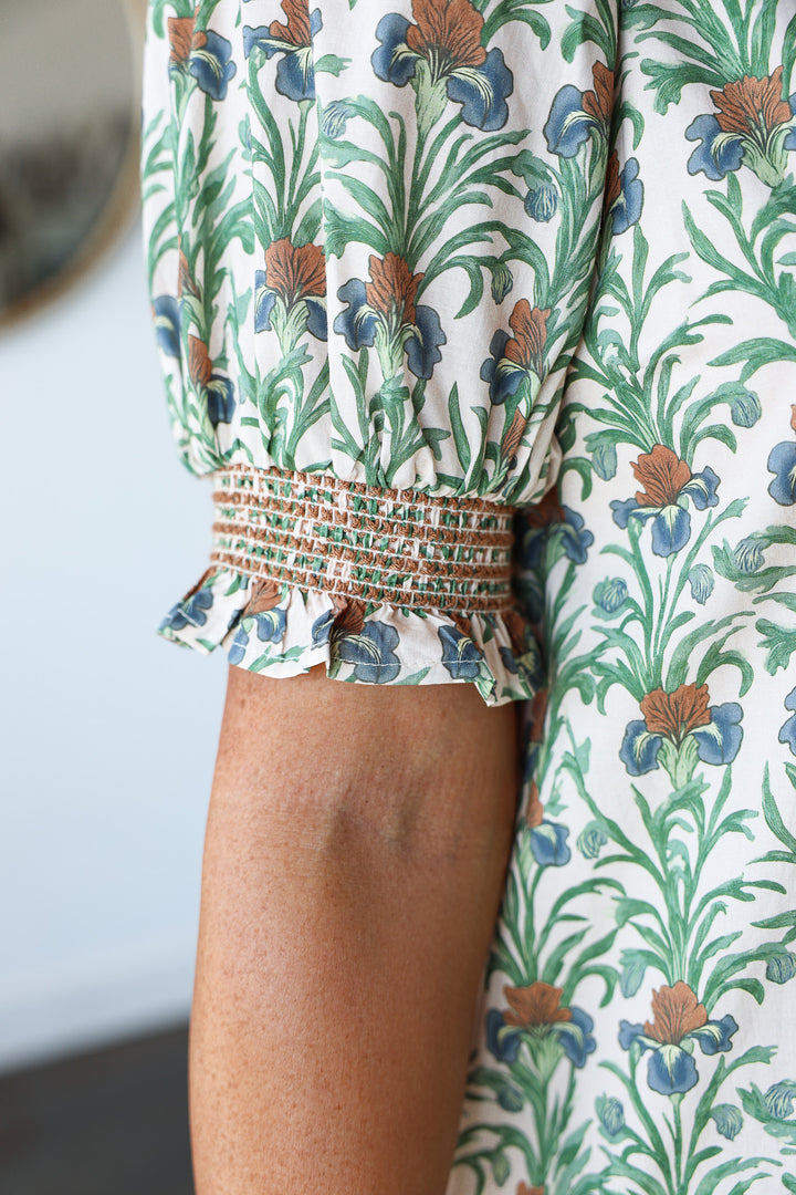 Ruffle Neck Printed Dress - Ecru