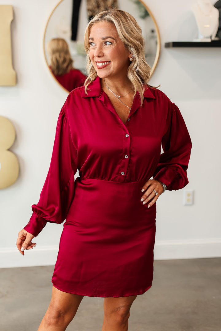 Satin Long Sleeve Dress - Wine