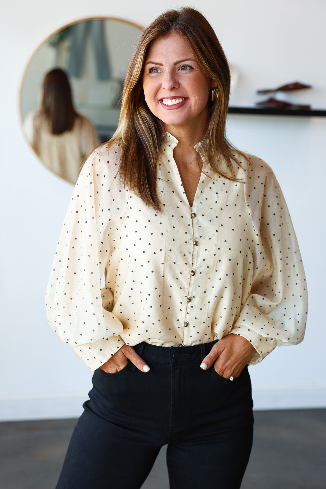 Polka Dot Button Front Top - Ecru