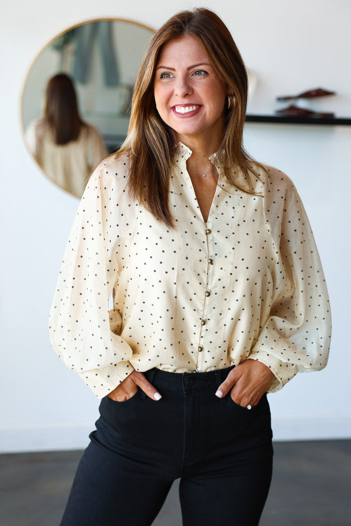 Polka Dot Button Front Top - Ecru