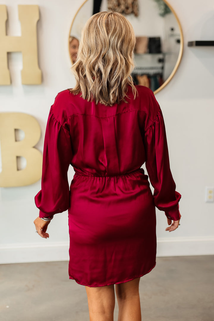 Satin Long Sleeve Dress - Wine