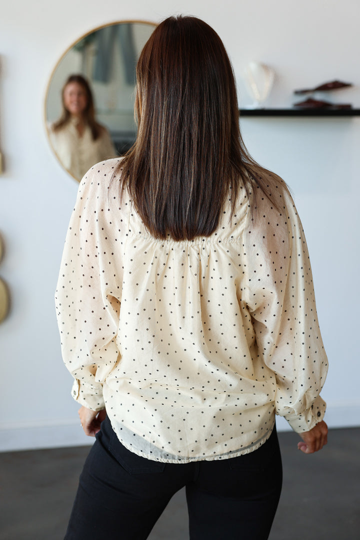 Polka Dot Button Front Top - Ecru