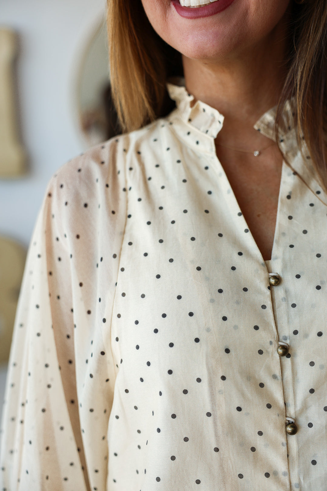 Polka Dot Button Front Top - Ecru