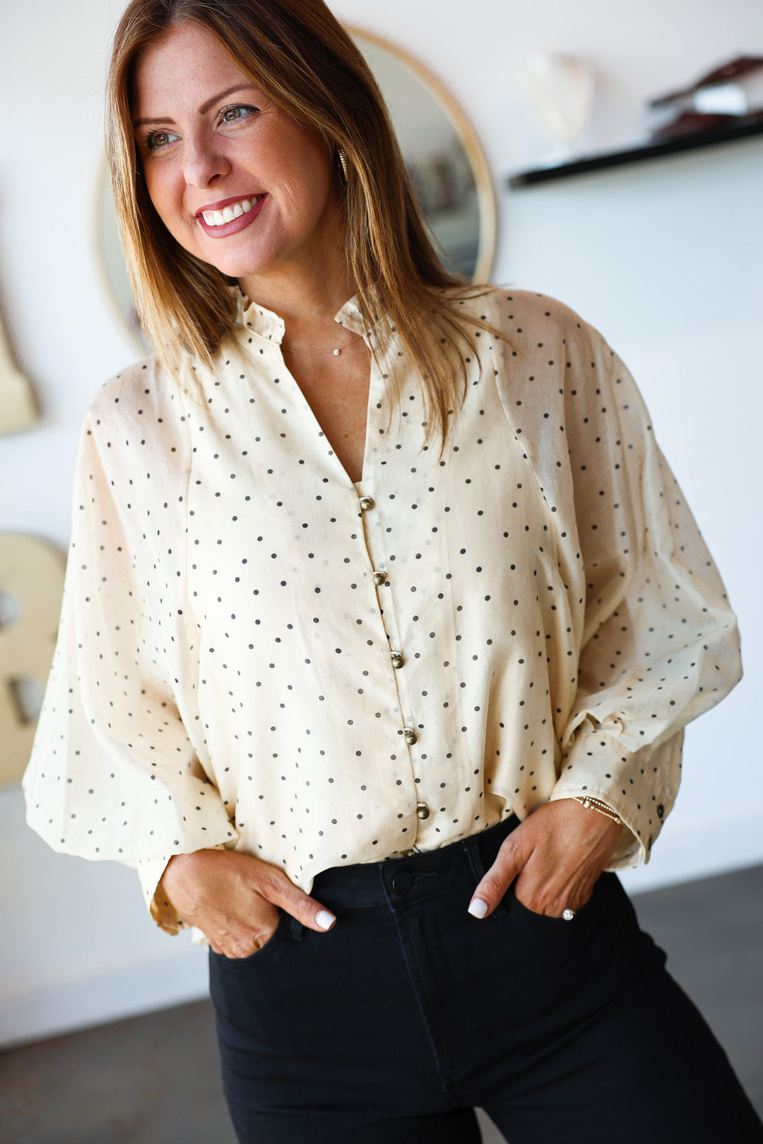 Polka Dot Button Front Top - Ecru