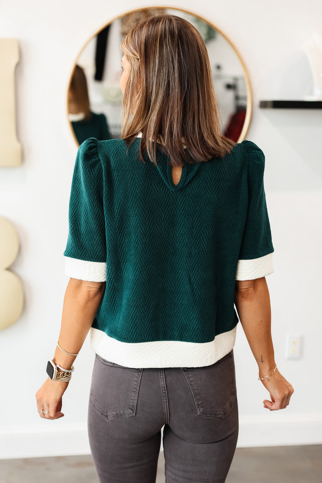 Short Sleeve Cream Lining Top - Green