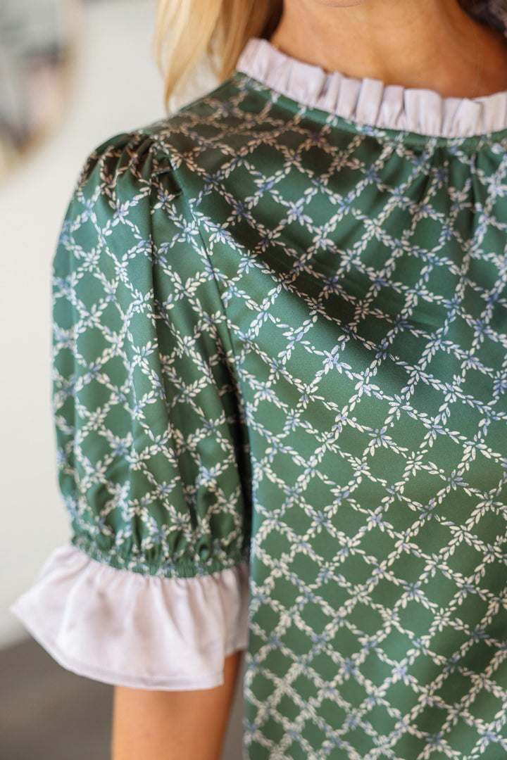 Ruffle Detail Printed Top - Olive
