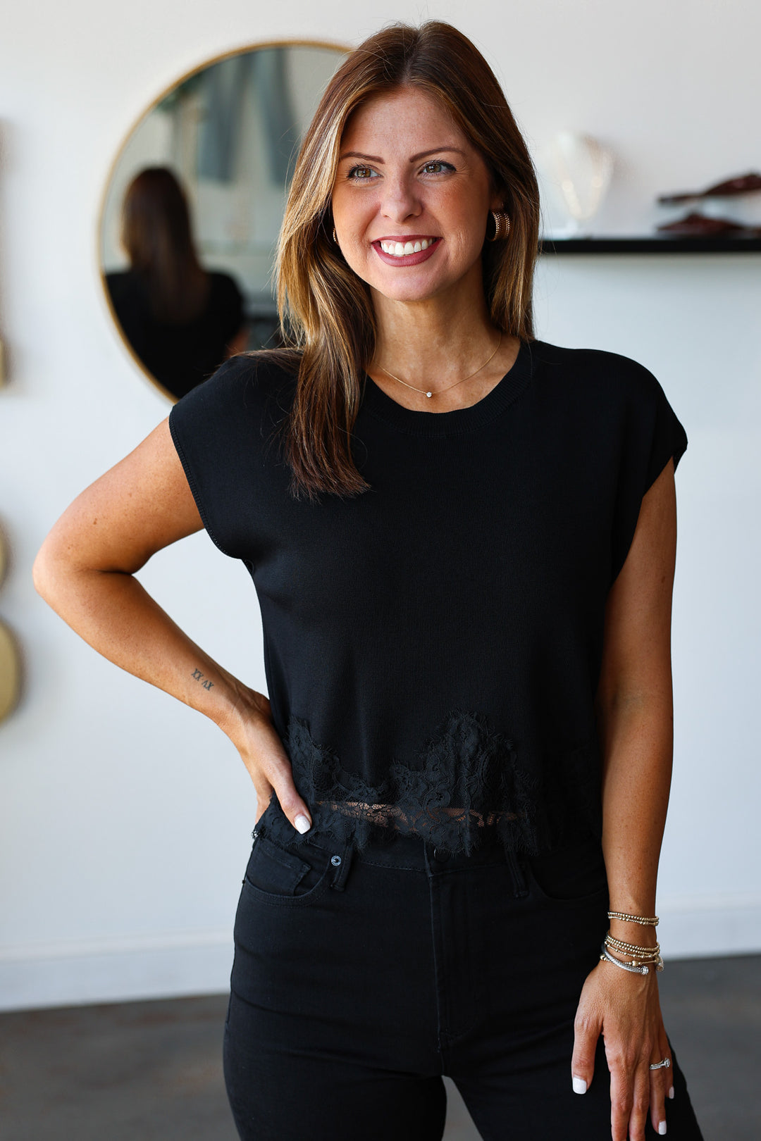 Lace Trim Knit Top - Black