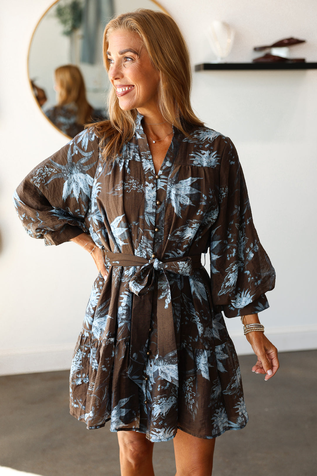 Fall Printed Dress - Slate Brown